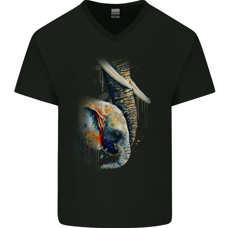 Elephant With Calf Baby Watercolour Mens V-Neck Cotton T-Shirt Black
