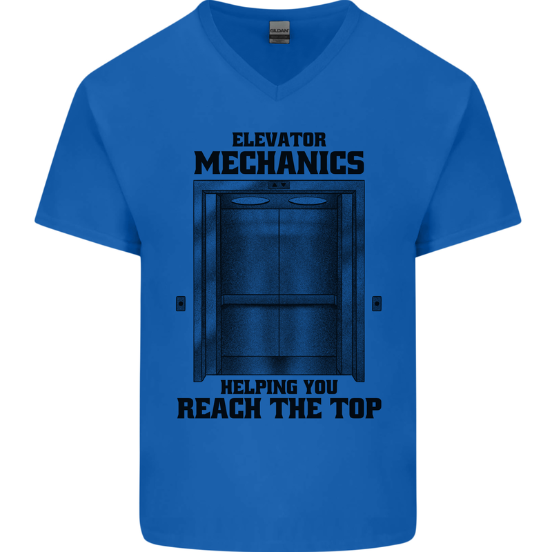Elevator Mechanic Lift Engineer Mens V-Neck Cotton T-Shirt Royal Blue