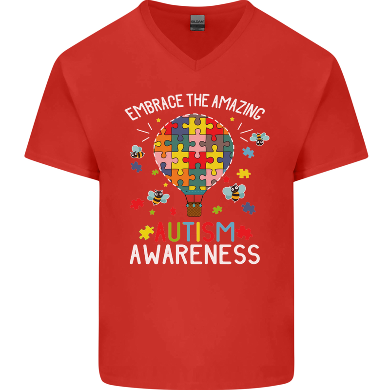 Embrace the Amazing Autism Autistic ASD Mens V-Neck Cotton T-Shirt Red