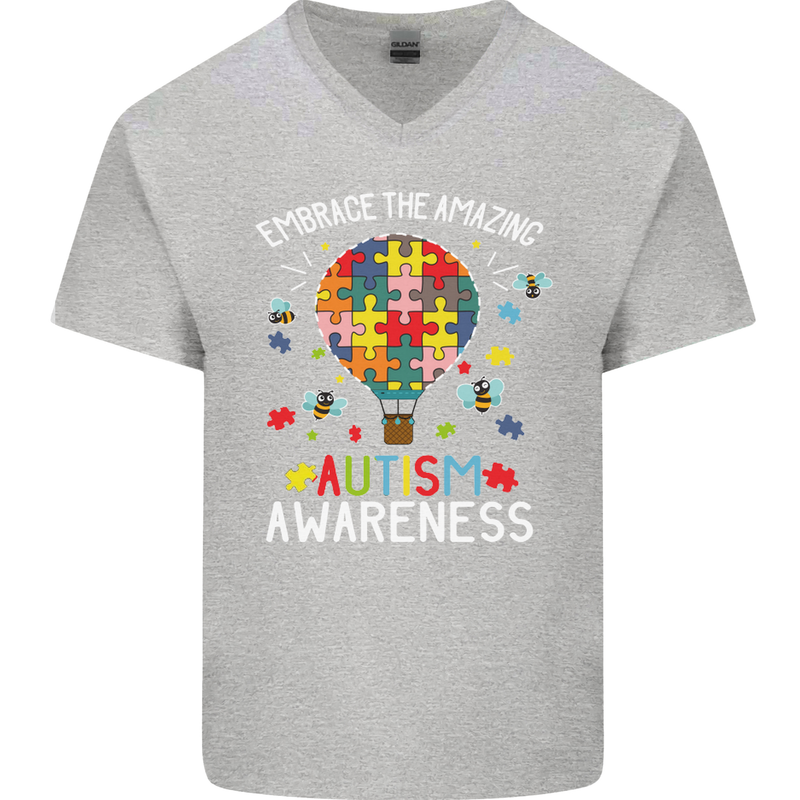 Embrace the Amazing Autism Autistic ASD Mens V-Neck Cotton T-Shirt Sports Grey