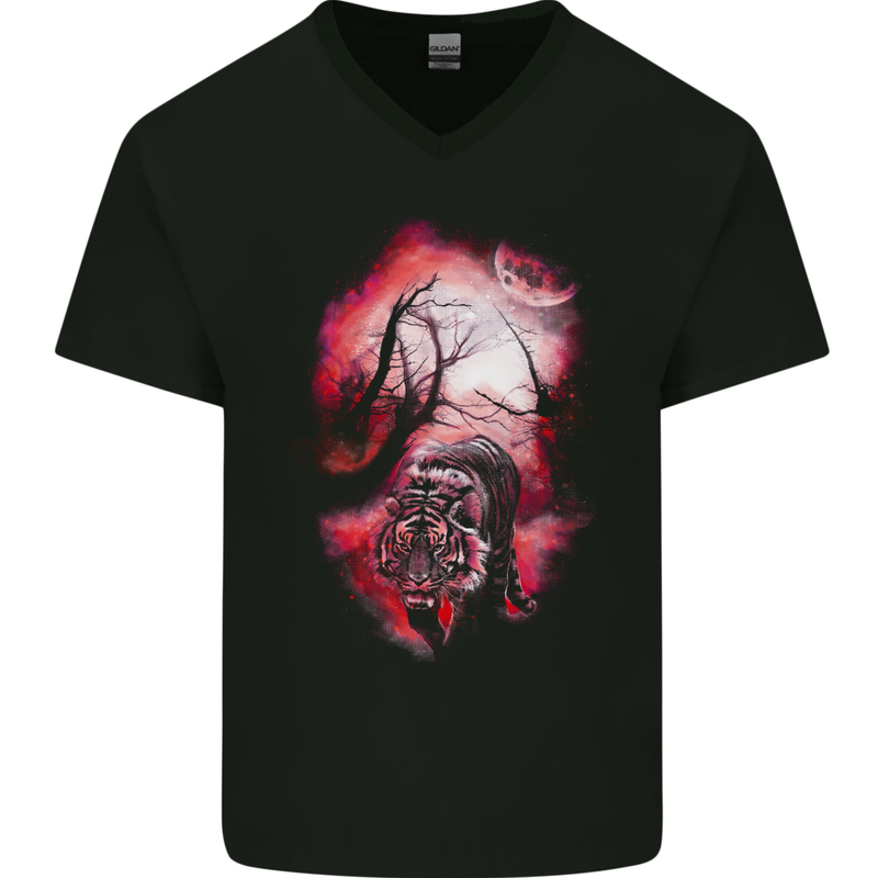 Enchanted Tiger Fantasy Spiritual Mystical Mens V-Neck Cotton T-Shirt Black