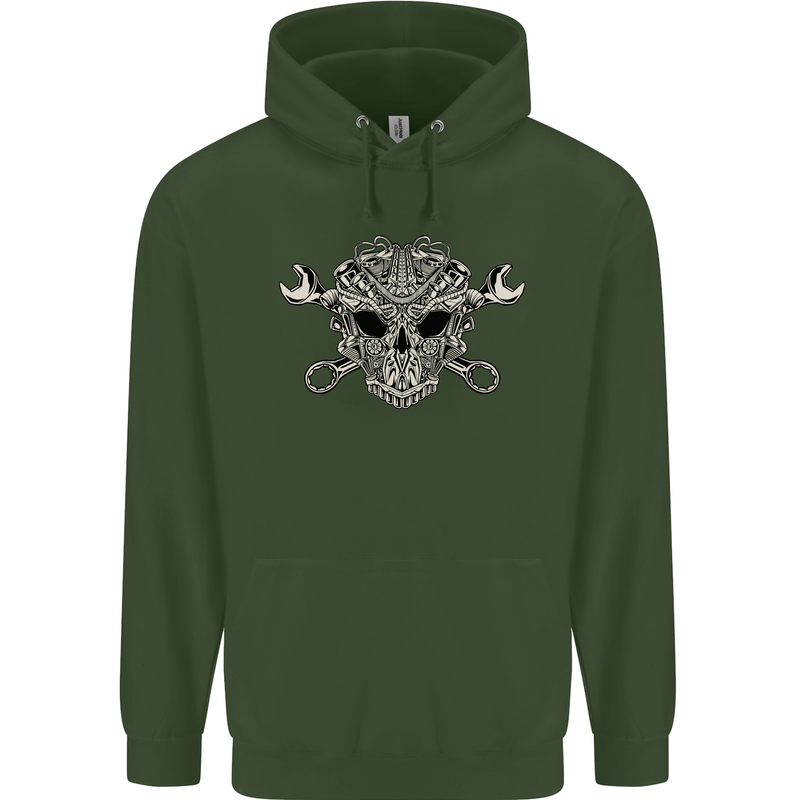 Engine Skull Mechanic Car Biker Motorbike Childrens Kids Hoodie Forest Green