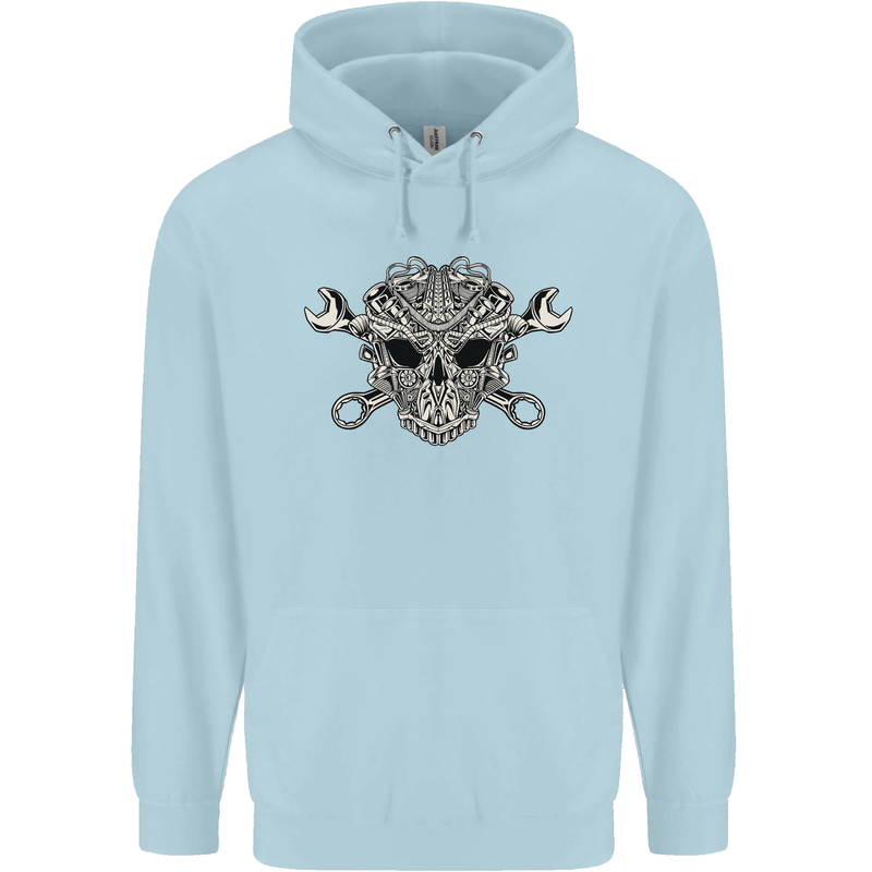 Engine Skull Mechanic Car Biker Motorbike Childrens Kids Hoodie Light Blue