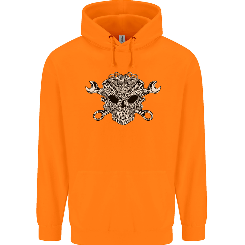 Engine Skull Mechanic Car Biker Motorbike Childrens Kids Hoodie Orange