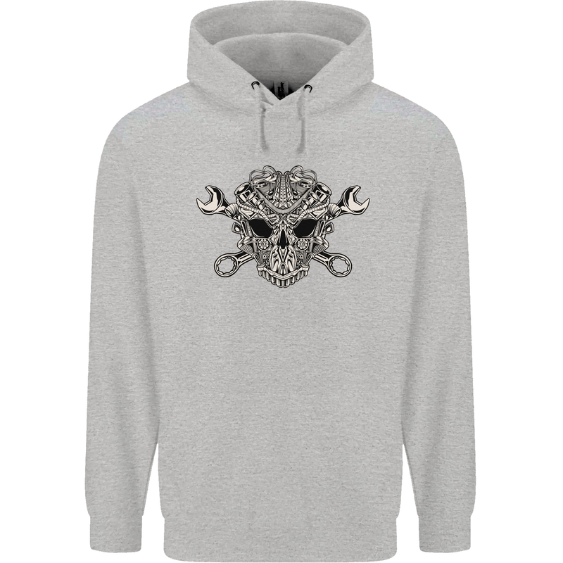 Engine Skull Mechanic Car Biker Motorbike Childrens Kids Hoodie Sports Grey