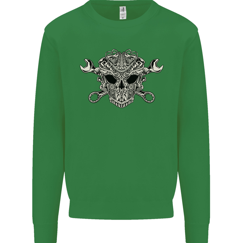 Engine Skull Mechanic Car Biker Motorbike Kids Sweatshirt Jumper Irish Green