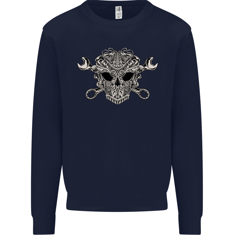 Engine Skull Mechanic Car Biker Motorbike Kids Sweatshirt Jumper Navy Blue