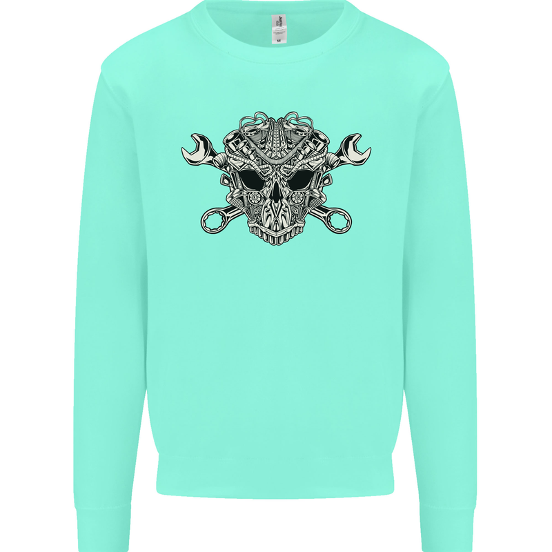 Engine Skull Mechanic Car Biker Motorbike Kids Sweatshirt Jumper Peppermint