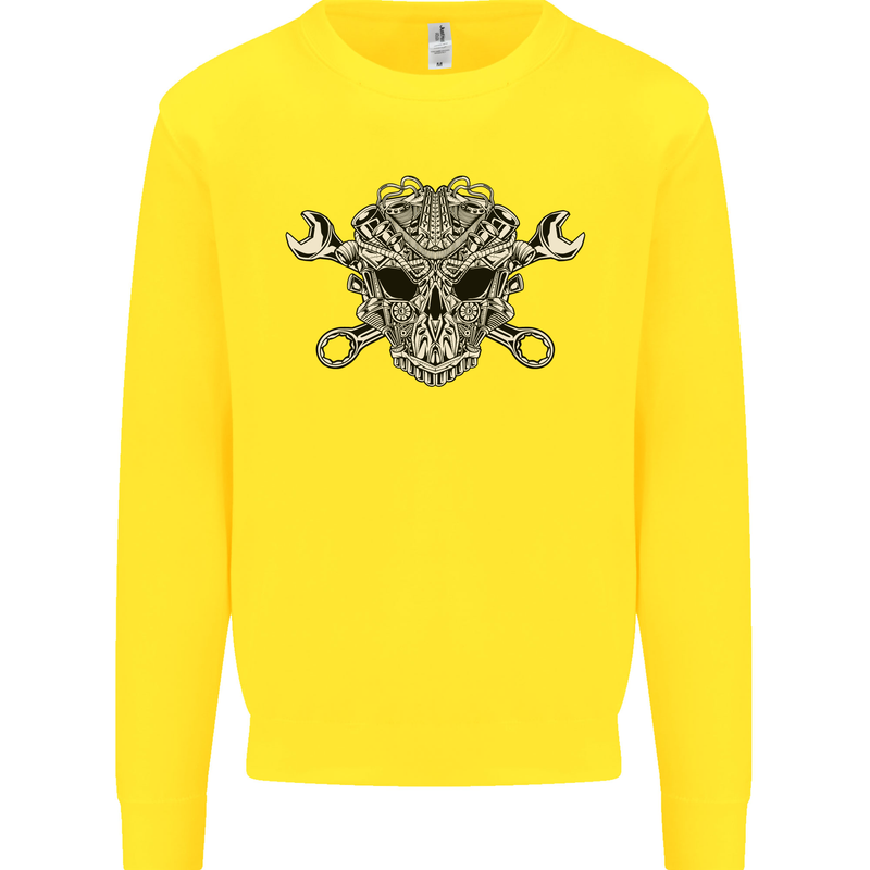 Engine Skull Mechanic Car Biker Motorbike Kids Sweatshirt Jumper Yellow