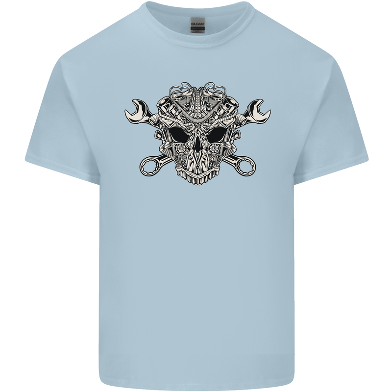 Engine Skull Mechanic Car Biker Motorbike Kids T-Shirt Childrens Light Blue