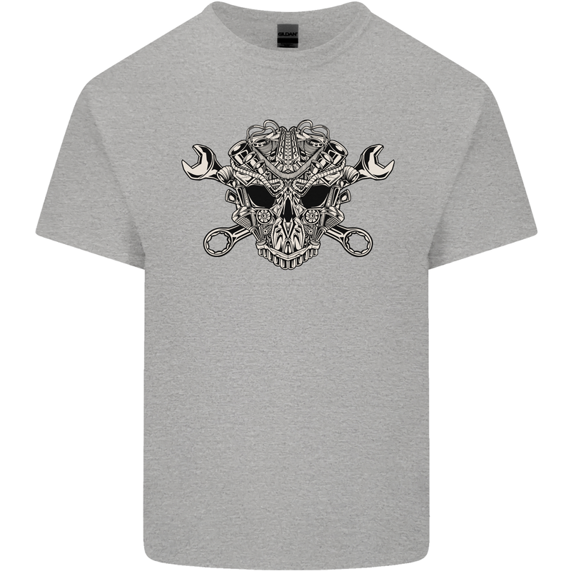 Engine Skull Mechanic Car Biker Motorbike Kids T-Shirt Childrens Sports Grey