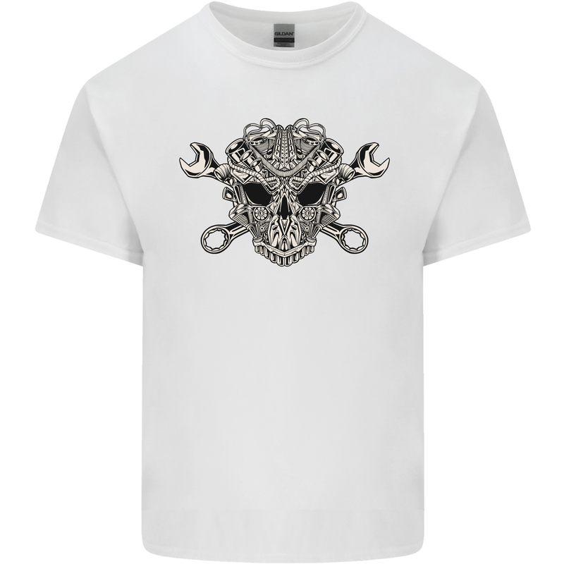 Engine Skull Mechanic Car Biker Motorbike Kids T-Shirt Childrens White
