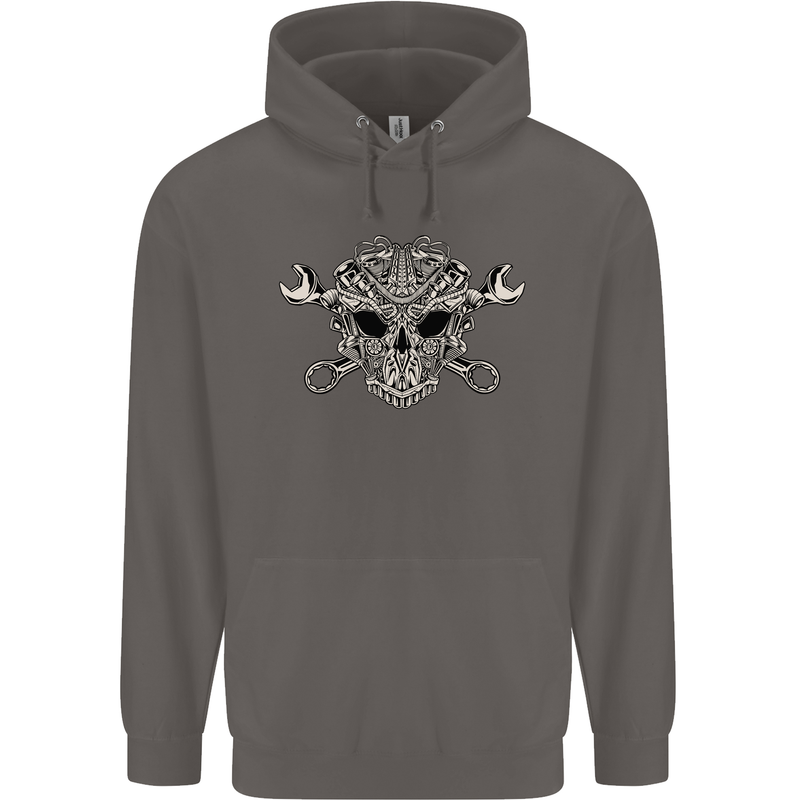 Engine Skull Mechanic Car Biker Motorbike Mens 80% Cotton Hoodie Charcoal