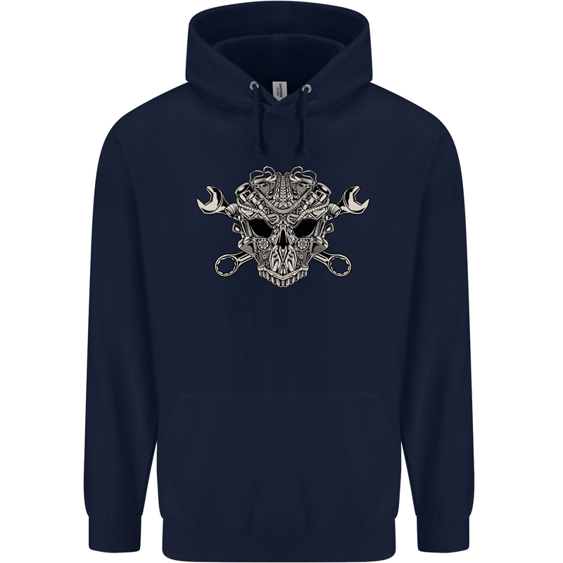 Engine Skull Mechanic Car Biker Motorbike Mens 80% Cotton Hoodie Navy Blue