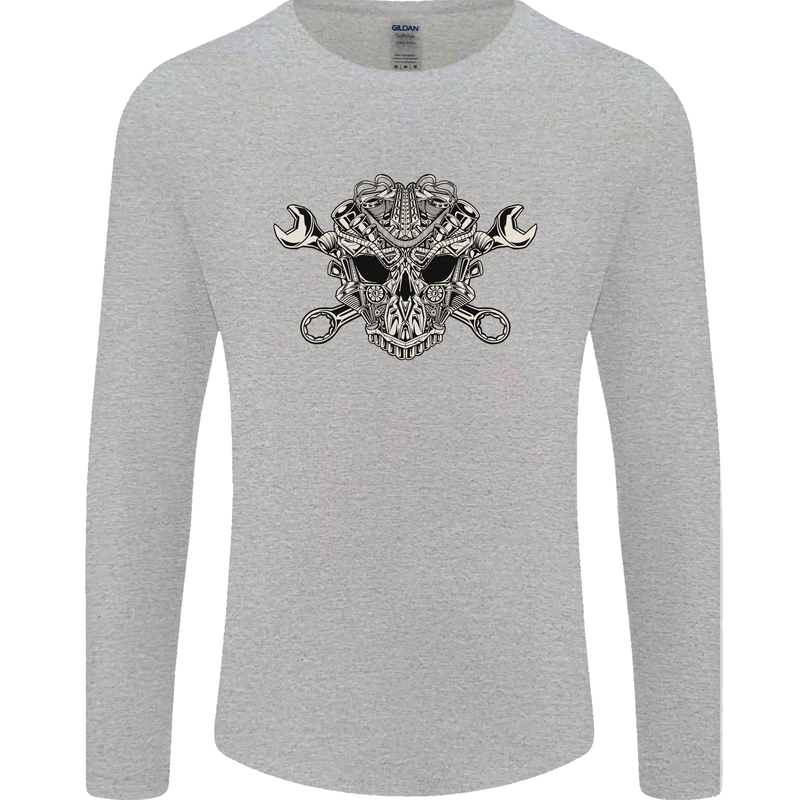 Engine Skull Mechanic Car Biker Motorbike Mens Long Sleeve T-Shirt Sports Grey