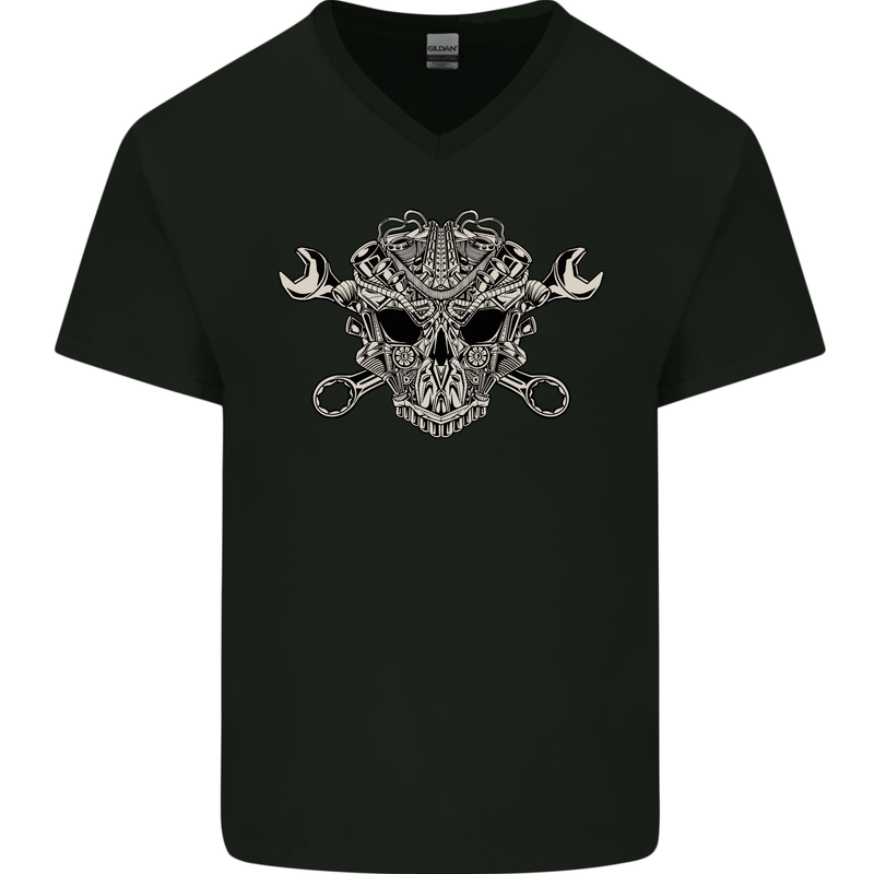 Engine Skull Mechanic Car Biker Motorbike Mens V-Neck Cotton T-Shirt Black