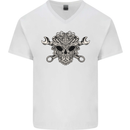 Engine Skull Mechanic Car Biker Motorbike Mens V-Neck Cotton T-Shirt White