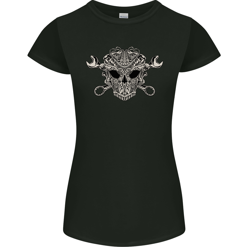 Engine Skull Mechanic Car Biker Motorbike Womens Petite Cut T-Shirt Black