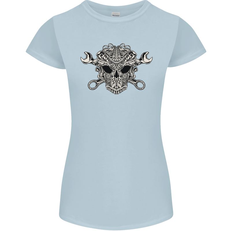 Engine Skull Mechanic Car Biker Motorbike Womens Petite Cut T-Shirt Light Blue
