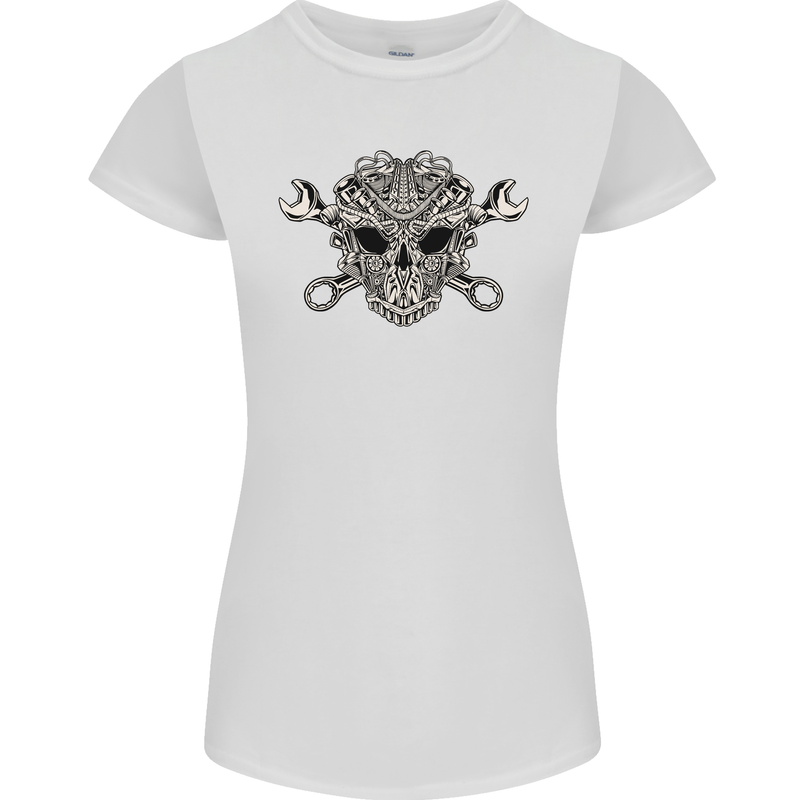 Engine Skull Mechanic Car Biker Motorbike Womens Petite Cut T-Shirt White