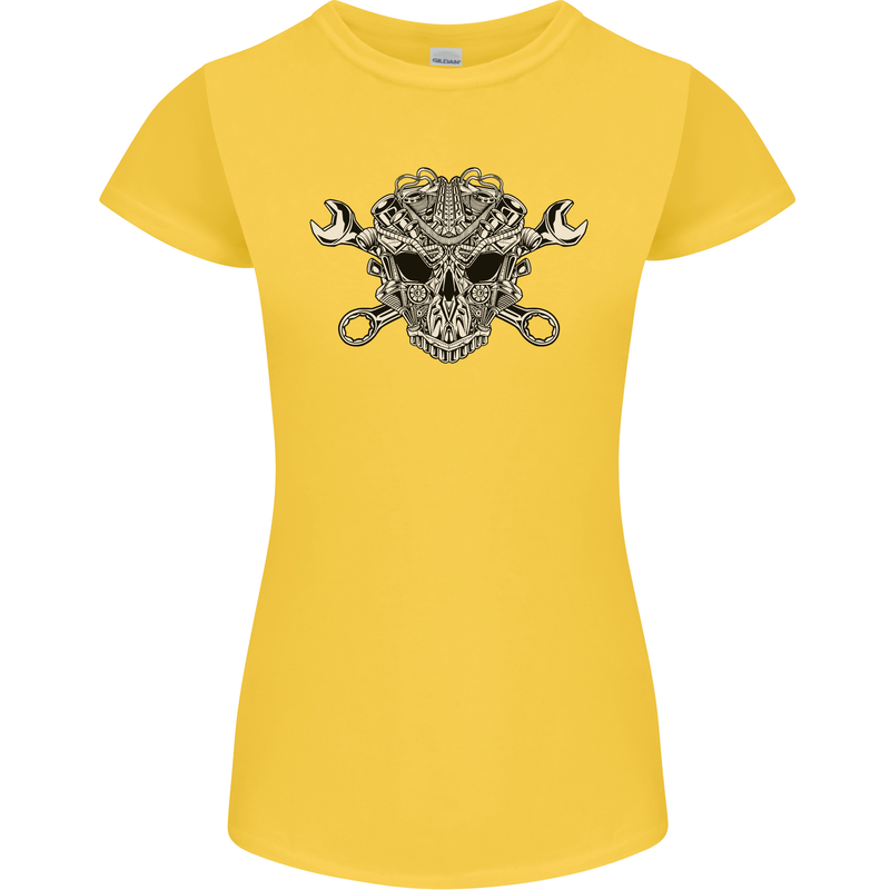 Engine Skull Mechanic Car Biker Motorbike Womens Petite Cut T-Shirt Yellow