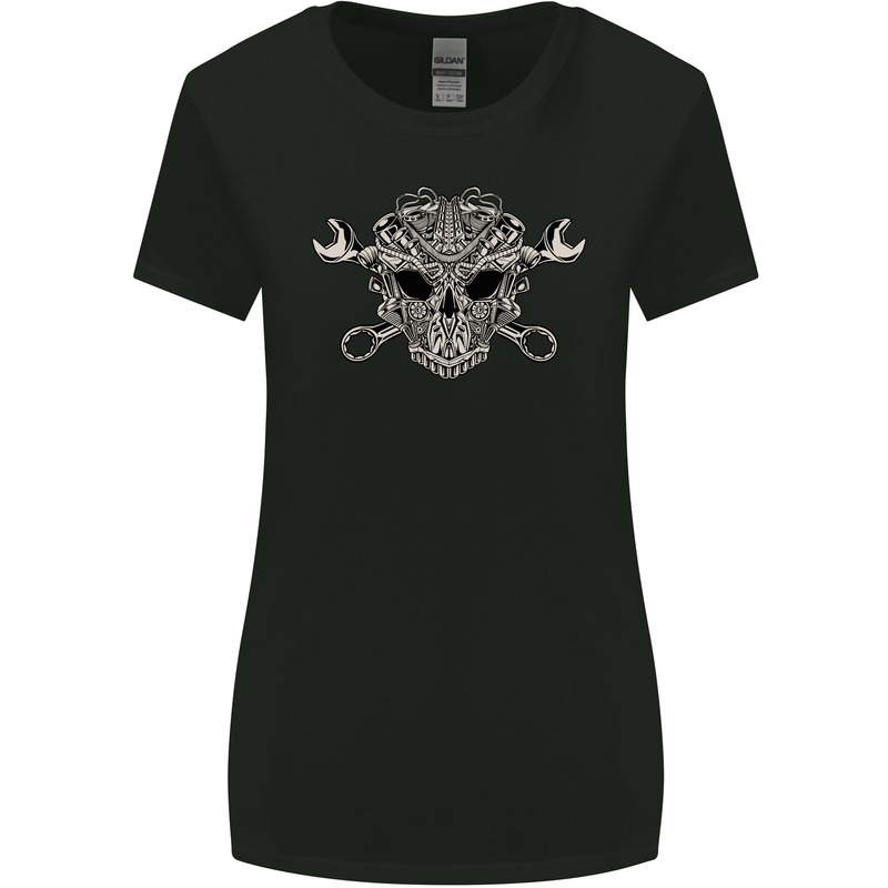 Engine Skull Mechanic Car Biker Motorbike Womens Wider Cut T-Shirt Black