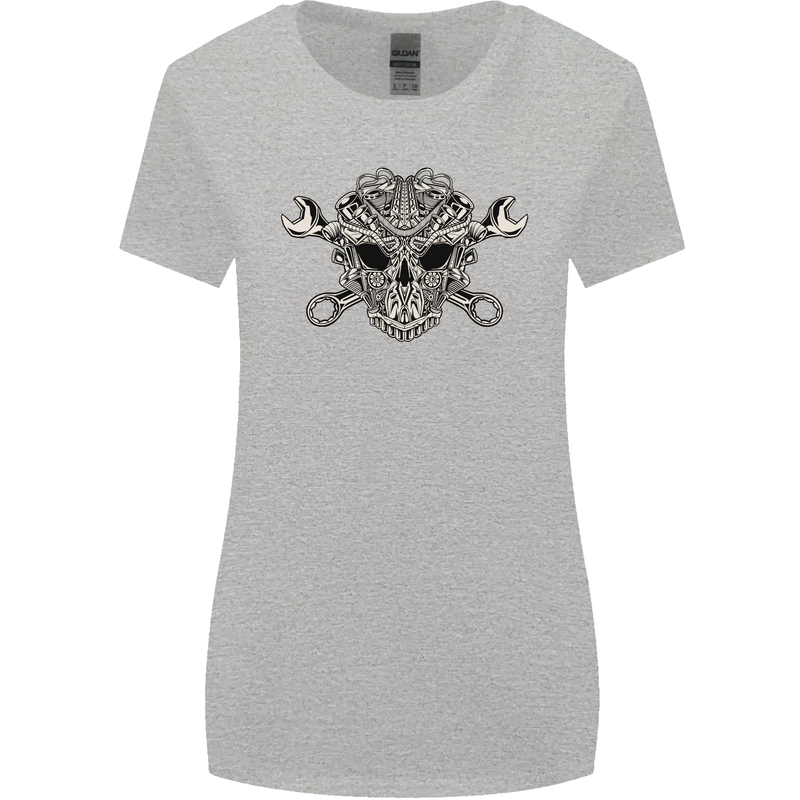 Engine Skull Mechanic Car Biker Motorbike Womens Wider Cut T-Shirt Sports Grey