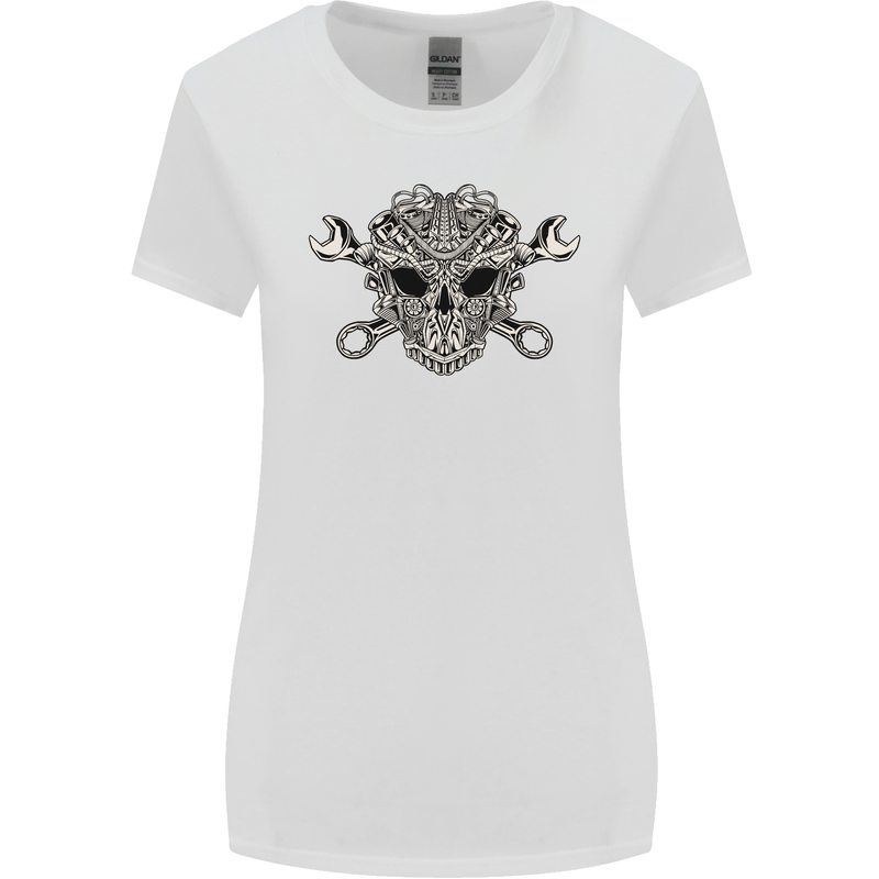 Engine Skull Mechanic Car Biker Motorbike Womens Wider Cut T-Shirt White