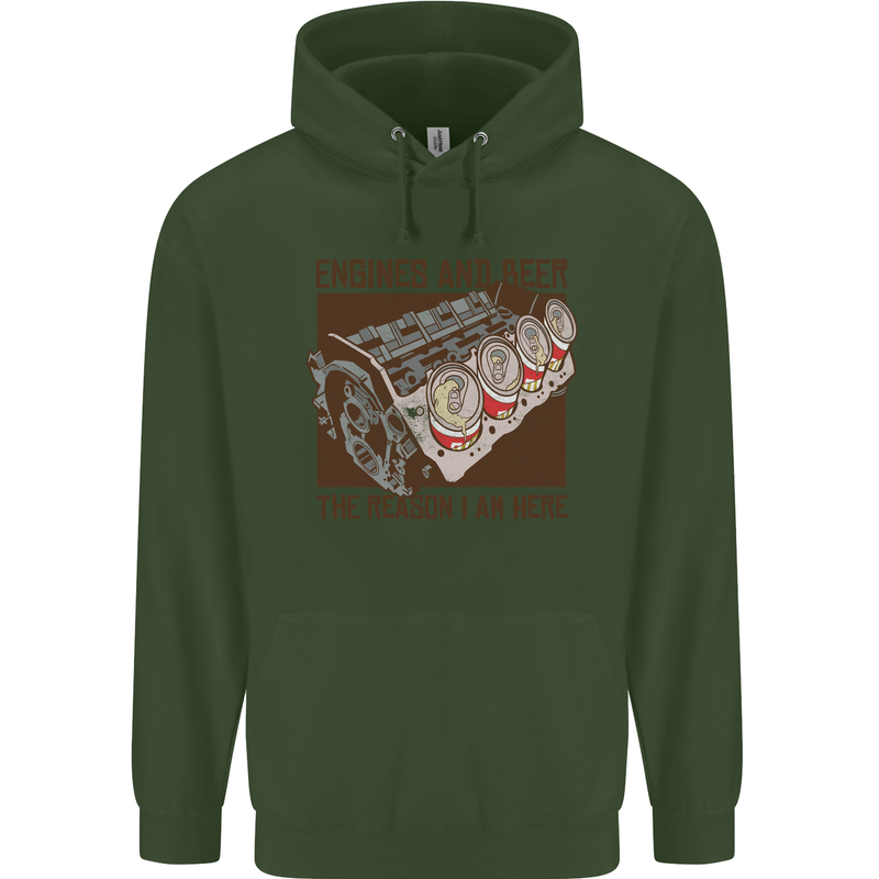 Engines & Beer Cars Hot Rod Mechanic Funny Mens 80% Cotton Hoodie Forest Green