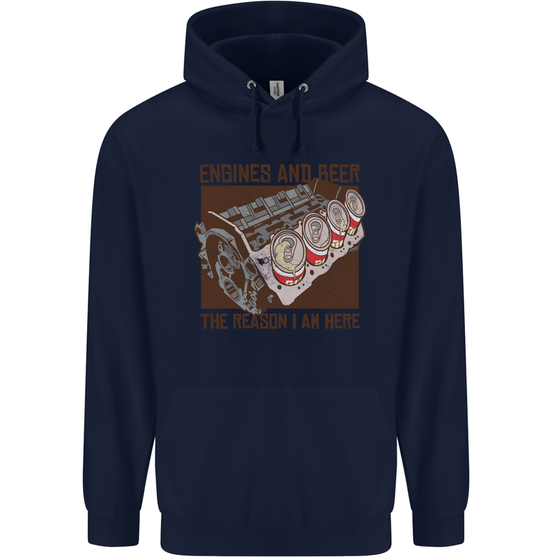 Engines & Beer Cars Hot Rod Mechanic Funny Mens 80% Cotton Hoodie Navy Blue