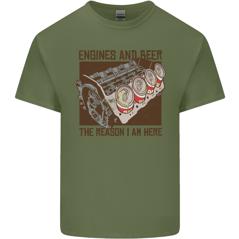 Engines & Beer Cars Hot Rod Mechanic Funny Mens Cotton T-Shirt Tee Top Military Green