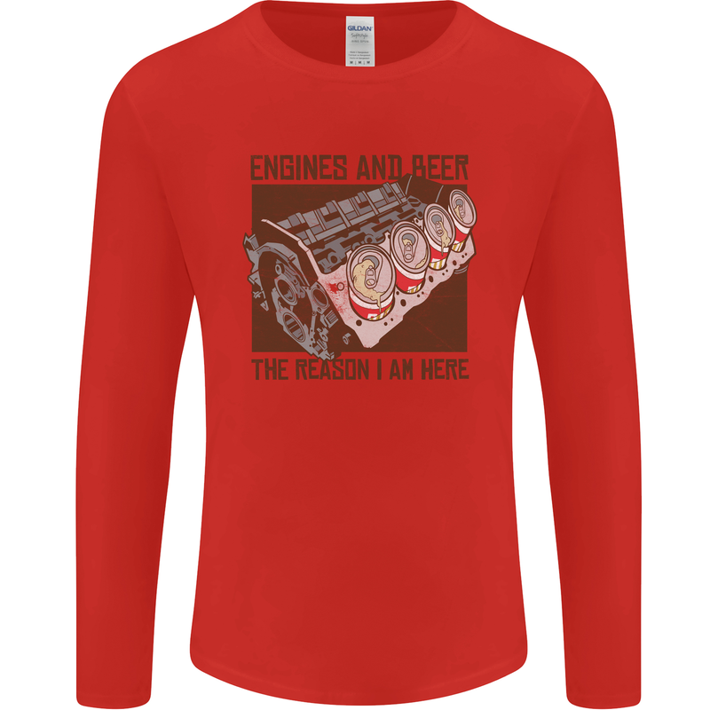 Engines & Beer Cars Hot Rod Mechanic Funny Mens Long Sleeve T-Shirt Red