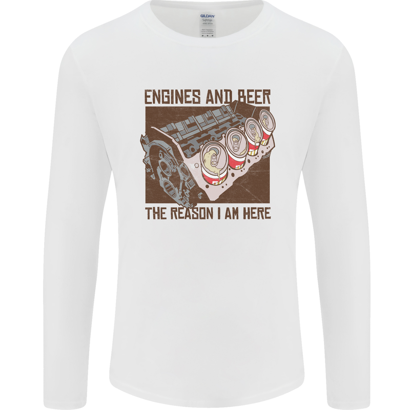 Engines & Beer Cars Hot Rod Mechanic Funny Mens Long Sleeve T-Shirt White