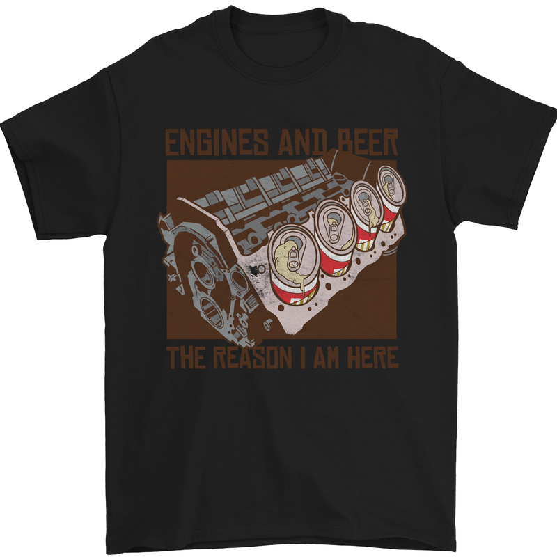 Engines & Beer Cars Hot Rod Mechanic Funny Mens T-Shirt Cotton Gildan Black