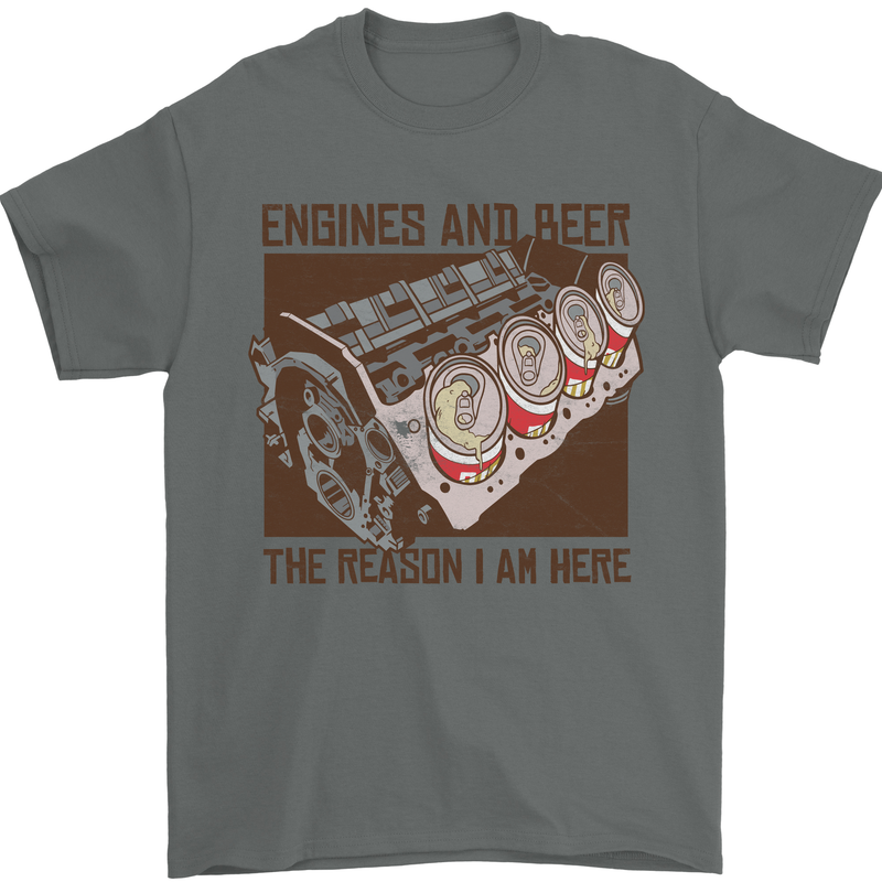Engines & Beer Cars Hot Rod Mechanic Funny Mens T-Shirt Cotton Gildan Charcoal