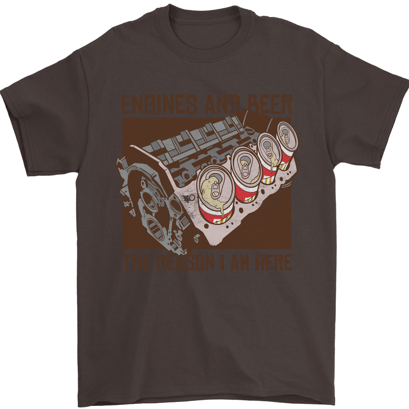 Engines & Beer Cars Hot Rod Mechanic Funny Mens T-Shirt Cotton Gildan Dark Chocolate