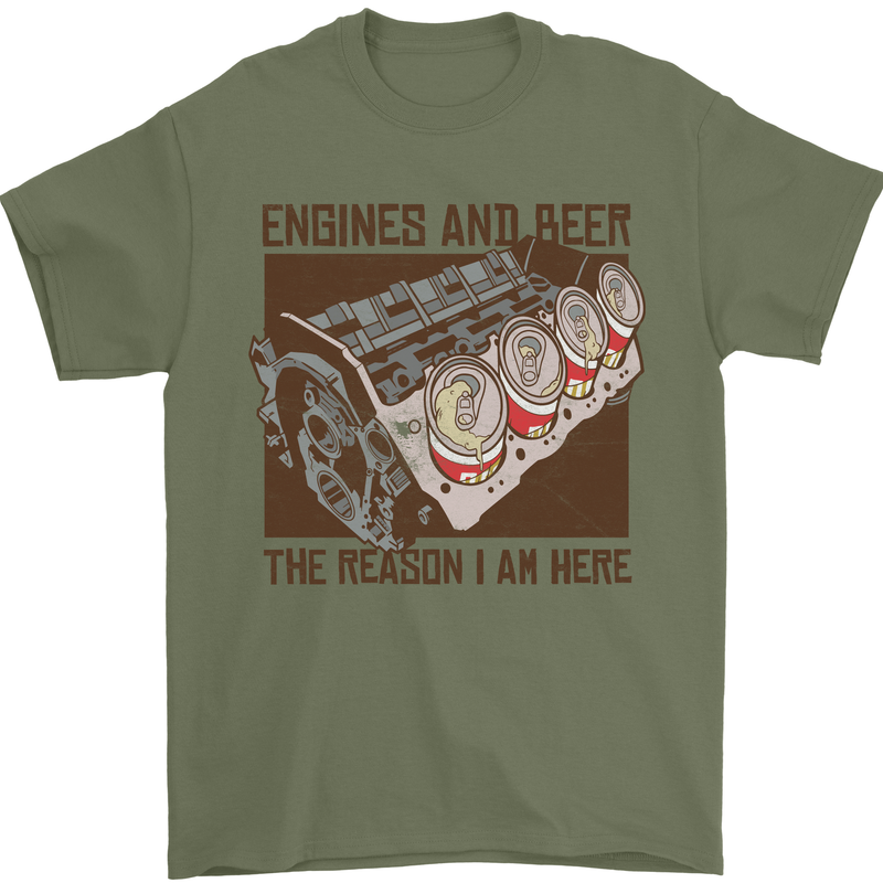 Engines & Beer Cars Hot Rod Mechanic Funny Mens T-Shirt Cotton Gildan Military Green