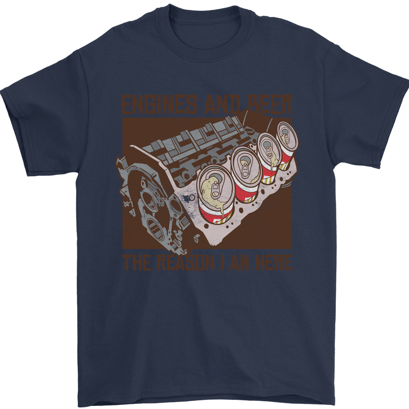 Engines & Beer Cars Hot Rod Mechanic Funny Mens T-Shirt Cotton Gildan Navy Blue