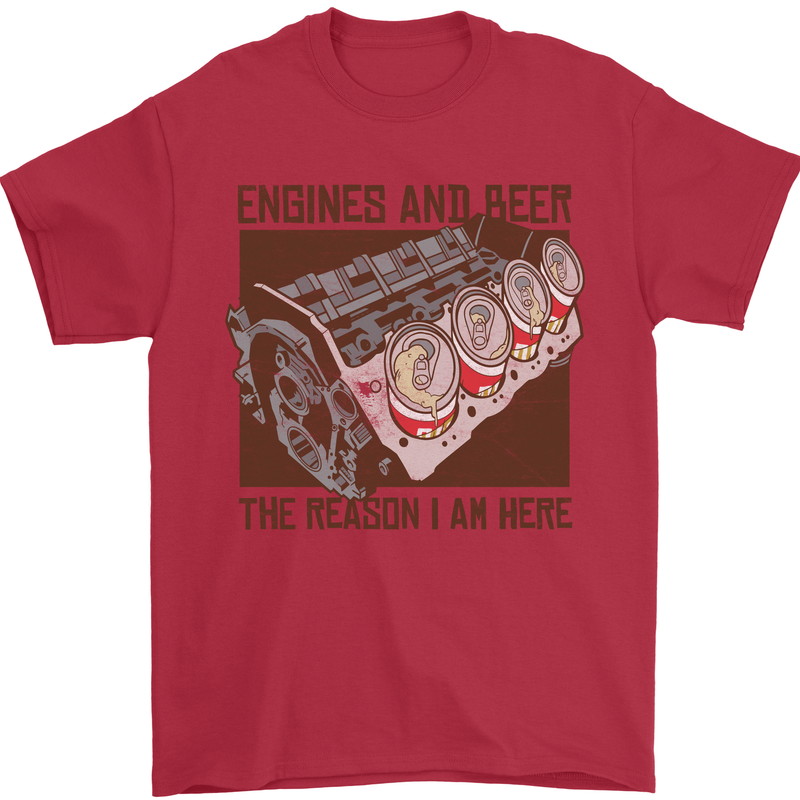 Engines & Beer Cars Hot Rod Mechanic Funny Mens T-Shirt Cotton Gildan Red