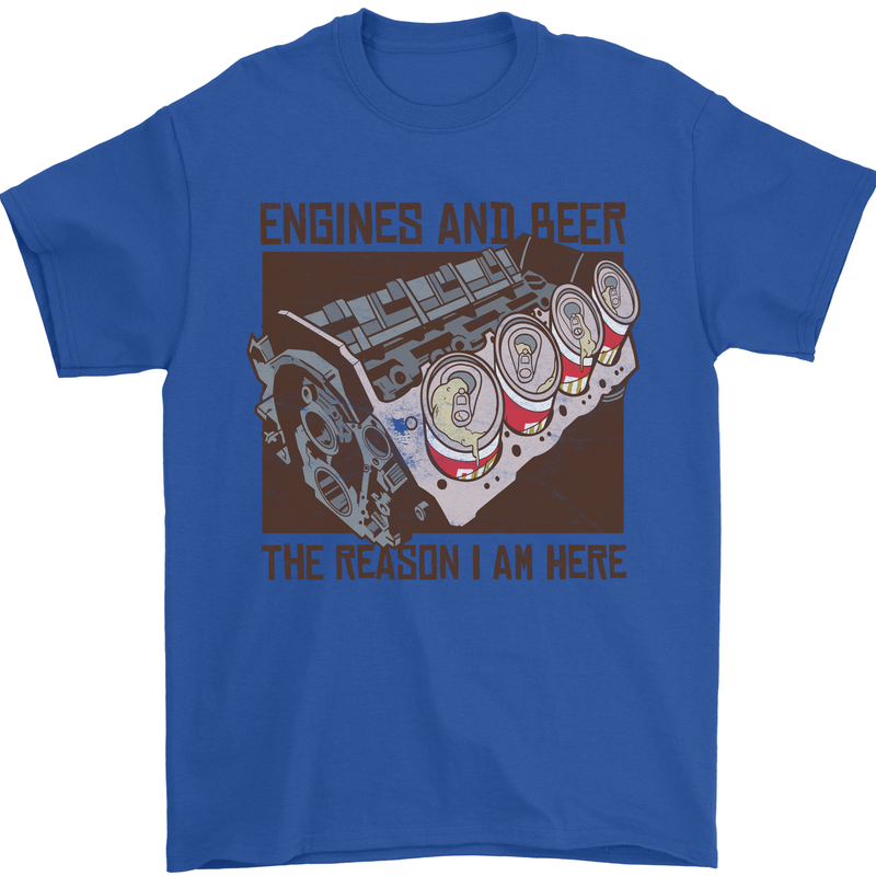 Engines & Beer Cars Hot Rod Mechanic Funny Mens T-Shirt Cotton Gildan Royal Blue