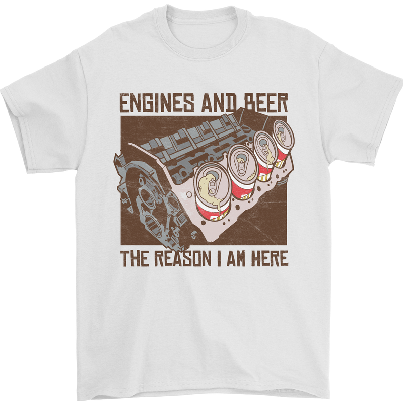 Engines & Beer Cars Hot Rod Mechanic Funny Mens T-Shirt Cotton Gildan White