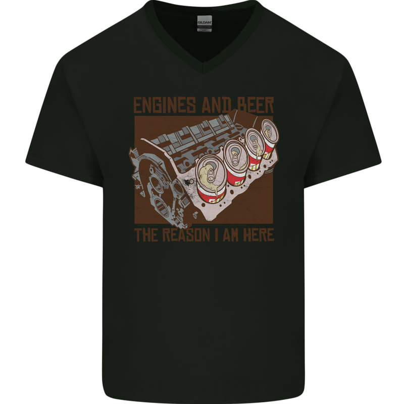 Engines & Beer Cars Hot Rod Mechanic Funny Mens V-Neck Cotton T-Shirt Black