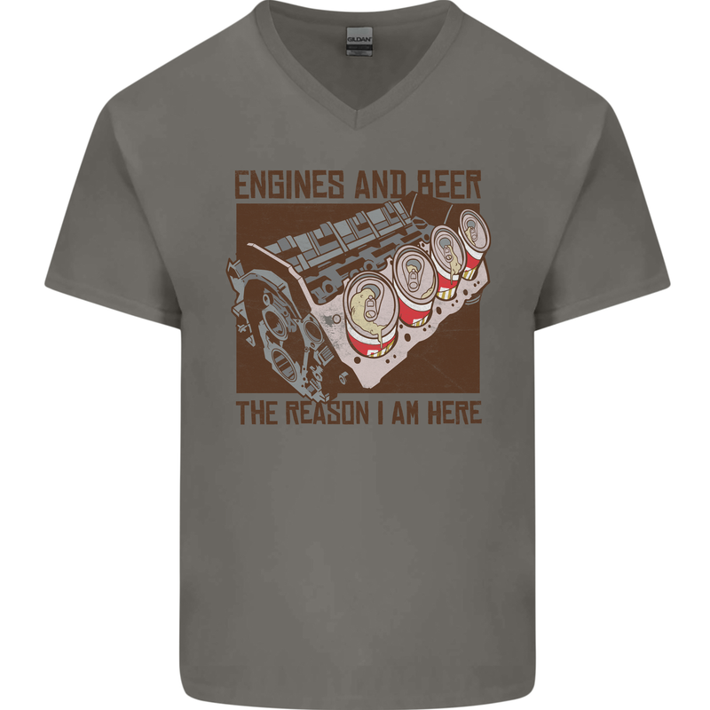 Engines & Beer Cars Hot Rod Mechanic Funny Mens V-Neck Cotton T-Shirt Charcoal