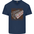 Engines & Beer Cars Hot Rod Mechanic Funny Mens V-Neck Cotton T-Shirt Navy Blue