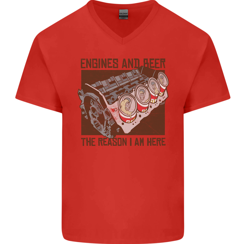 Engines & Beer Cars Hot Rod Mechanic Funny Mens V-Neck Cotton T-Shirt Red