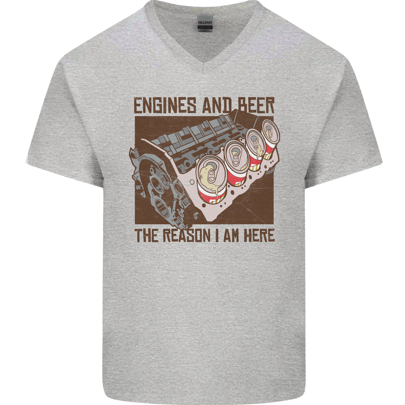 Engines & Beer Cars Hot Rod Mechanic Funny Mens V-Neck Cotton T-Shirt Sports Grey