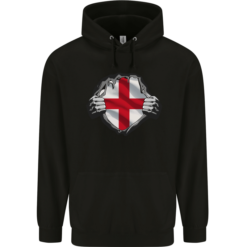 England St Georges Day Flag Gym Ripped Torn Mens 80% Cotton Hoodie Black