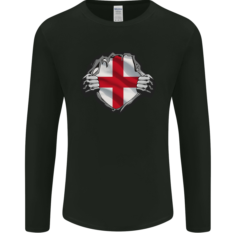 England St Georges Day Flag Gym Ripped Torn Mens Long Sleeve T-Shirt Black