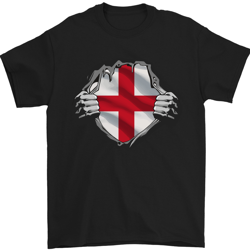 England St Georges Day Flag Gym Ripped Torn Mens T-Shirt Cotton Gildan Black