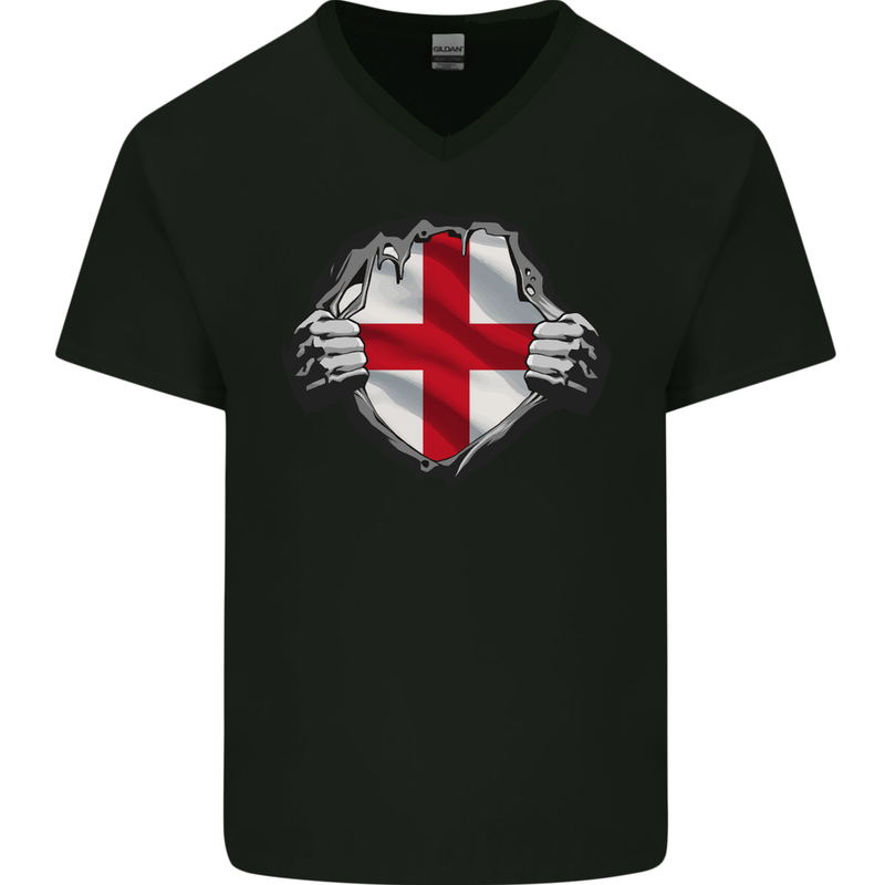 England St Georges Day Flag Gym Ripped Torn Mens V-Neck Cotton T-Shirt Black